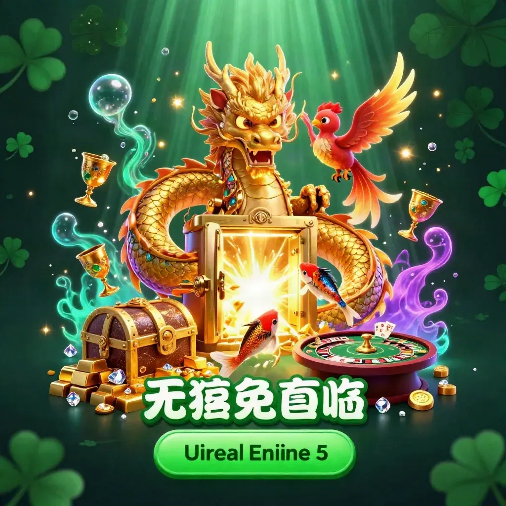 Golden dragon, phoenix, koi, vault, gems, casino table, and roulette in a luxe neon hero scene.
