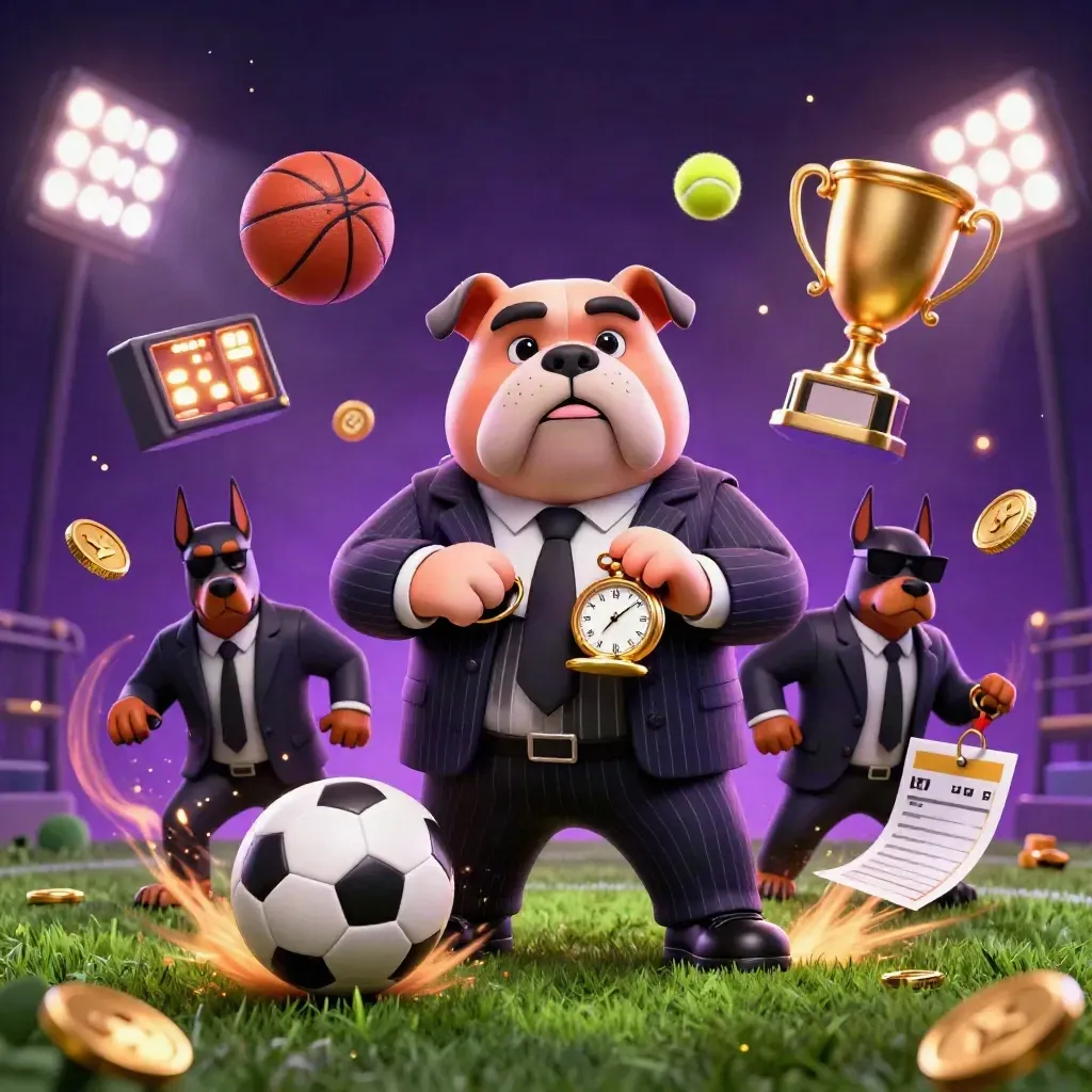 Cartoon bulldog boss and bodyguards amid flying football, coins, trophy, and stadium lights.