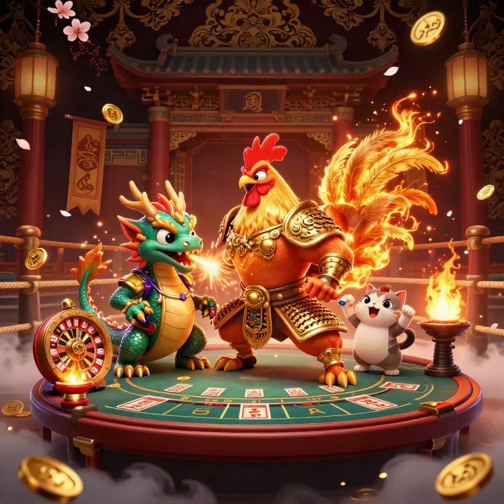 Rooster warrior, dragon hatchling and fortune cat in a glowing casino battle scene