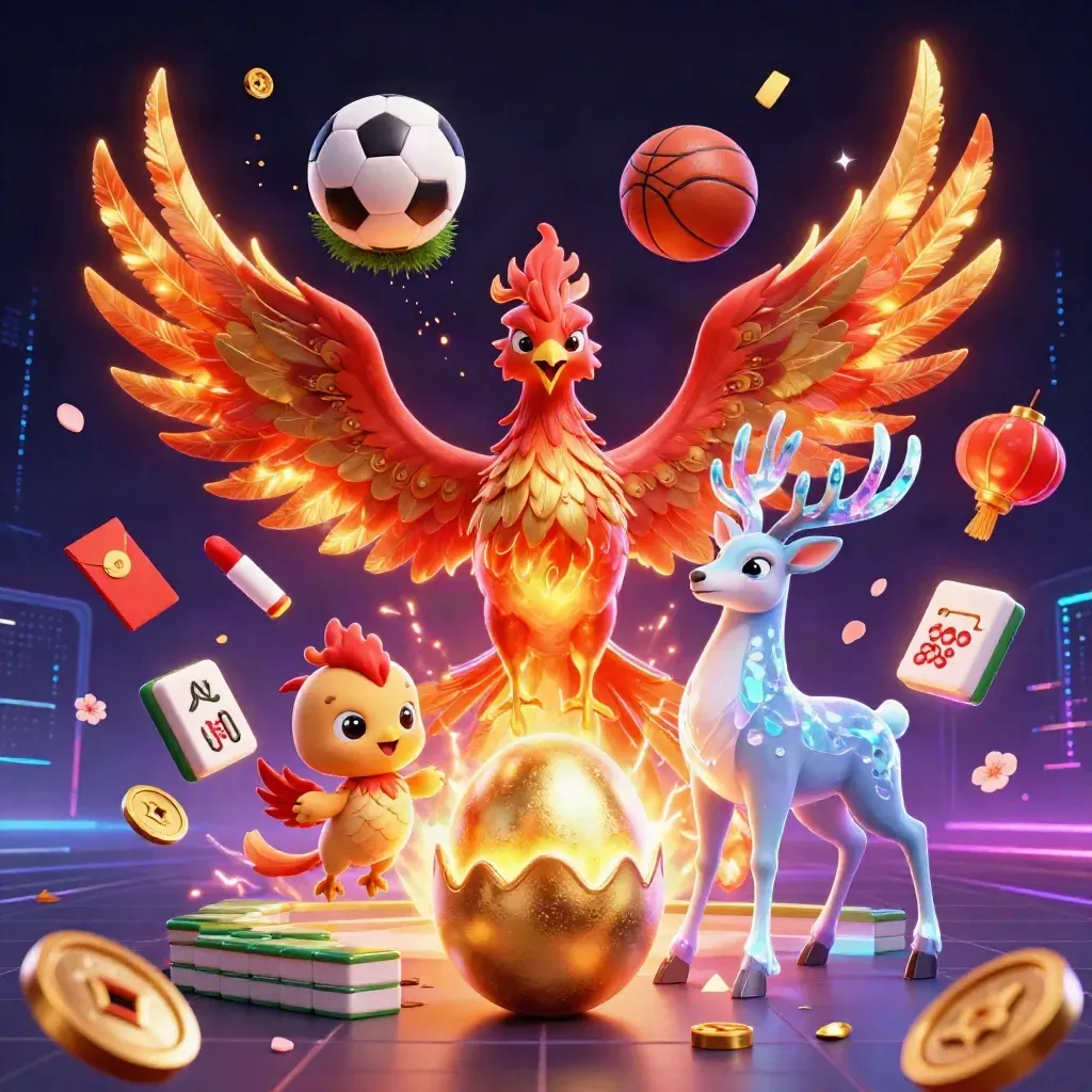Phoenix, hatching chick, and crystal stag amid neon casino icons, balls, sparks, and digital rain.