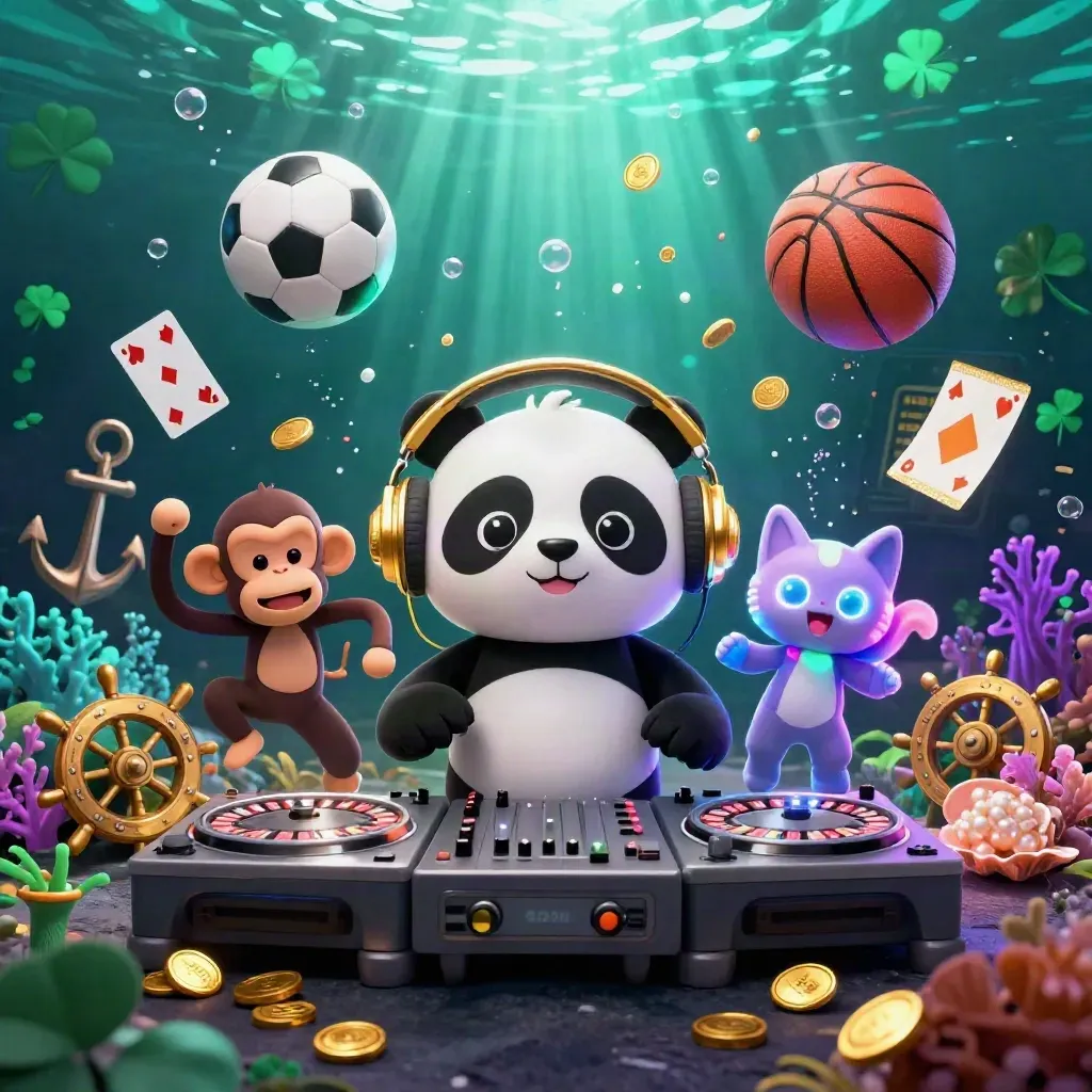 Panda DJ, dancing monkey, and glow kitten amid underwater casino treasures and sports balls.