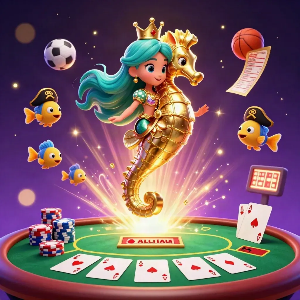 Mermaid princess on golden seahorse amid casino cards, chips, and glowing sports balls