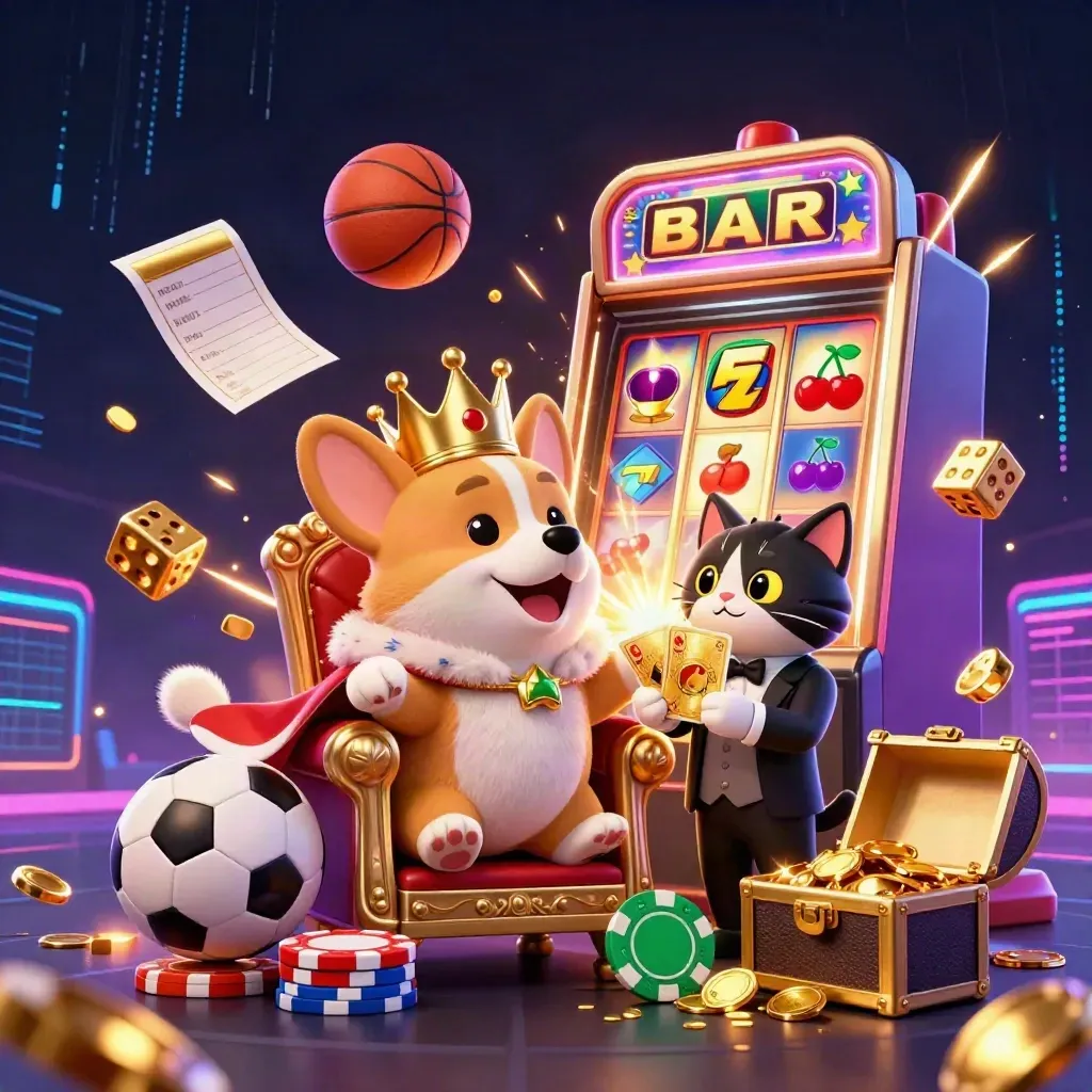Royal corgi and cat butler amid exploding casino symbols, balls, gold, and neon light.