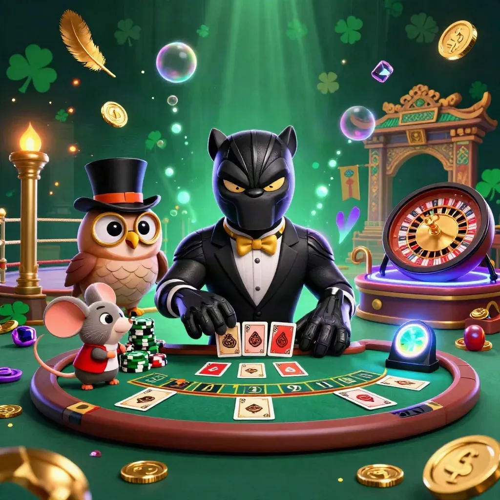 Panther, owl, and mouse in a luxe emerald casino room with roulette, cards, brass, and gold glow.