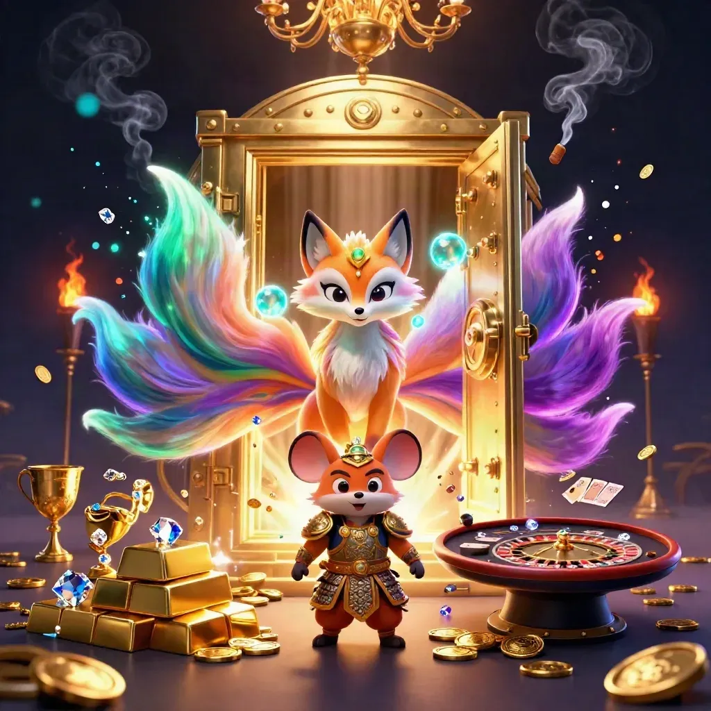 Neon fox spirit and armored mouse amid a glowing vault of gold, gems, and casino luxury.