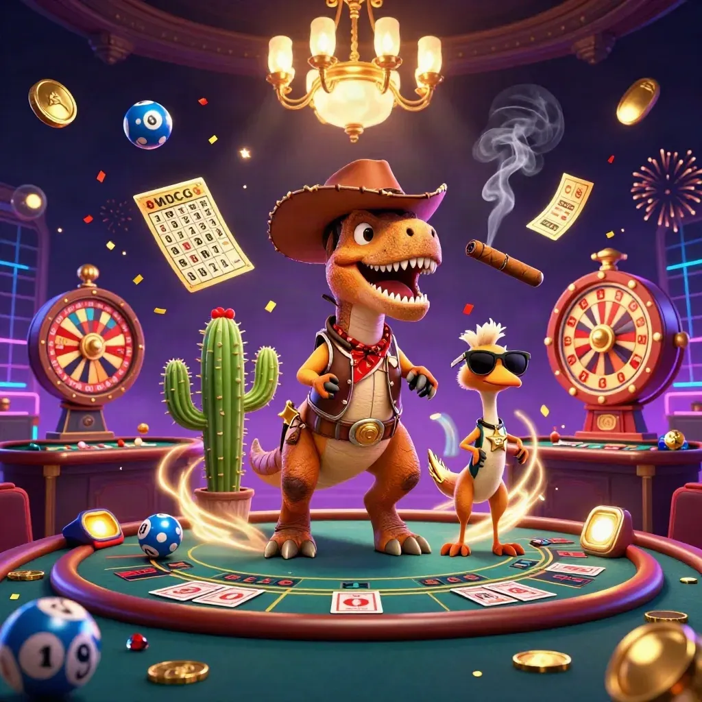 Cowboy T-Rex, cactus sidekick, and roadrunner amid neon casino lights, roulette, confetti, and fireworks.