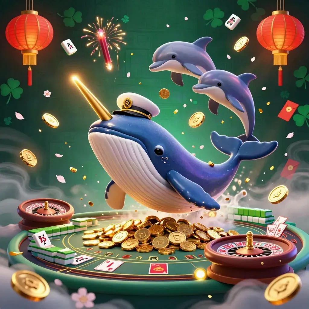 Whale captain, narwhal, and dolphins amid casino gold, lanterns, coins, and glowing runes