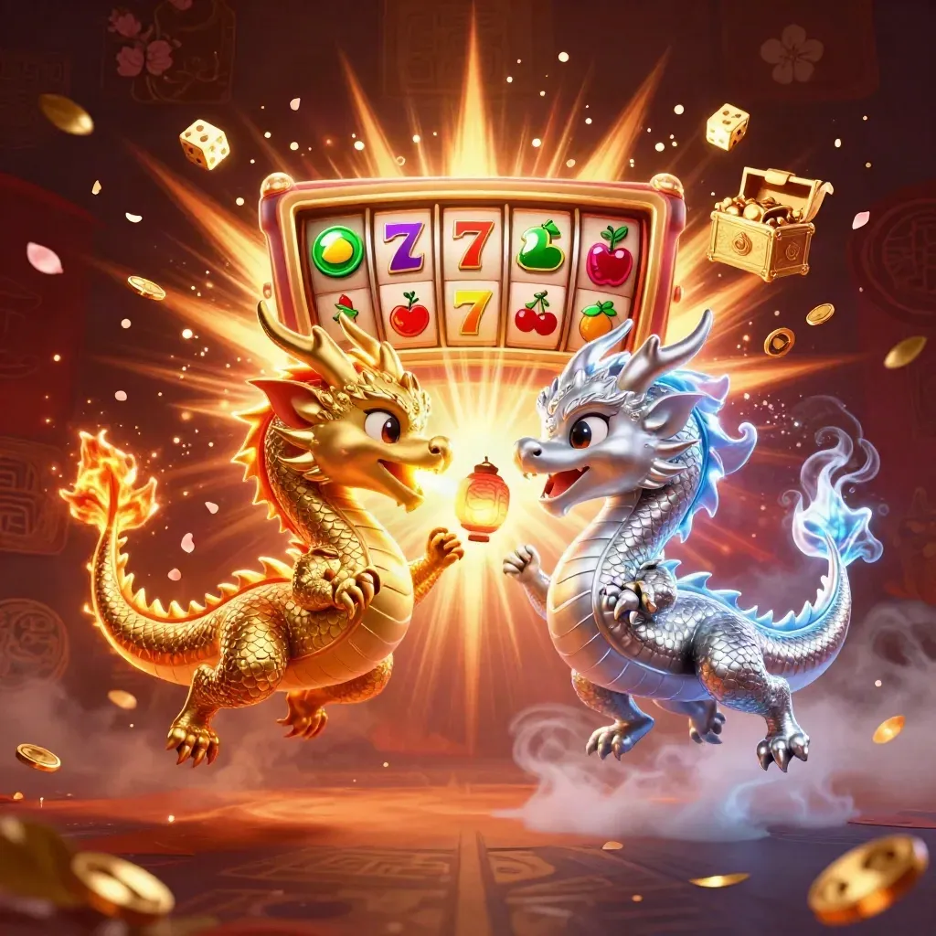 Twin gold and silver dragons spiral through casino magic as slots, gems, and treasure burst around them.