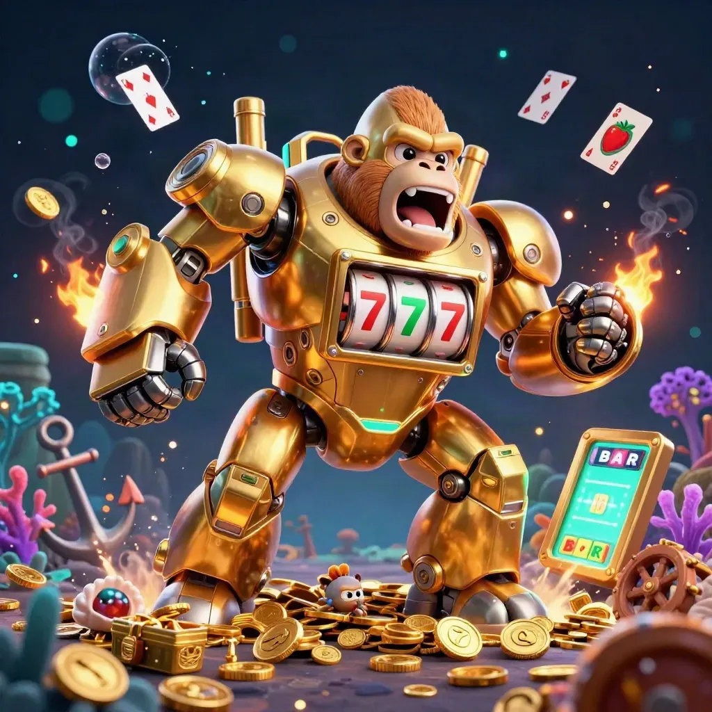 Golden gorilla mech with tiny monkey pilot bursts through treasure, coins, coral, cards, and glowing casino icons.