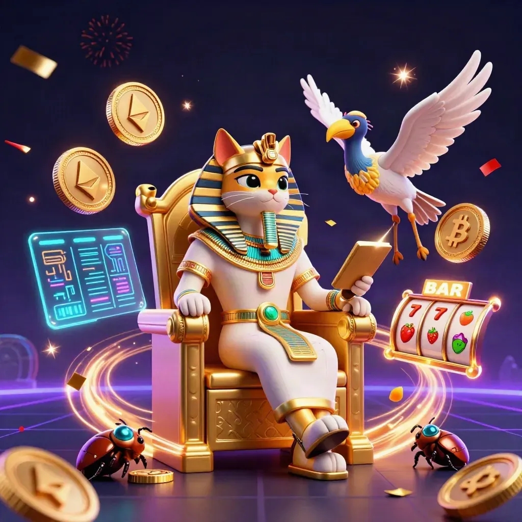 Pharaoh cat, ibis scribe, and gem-wing scarabs amid casino coins, lightning, and neon slot symbols.