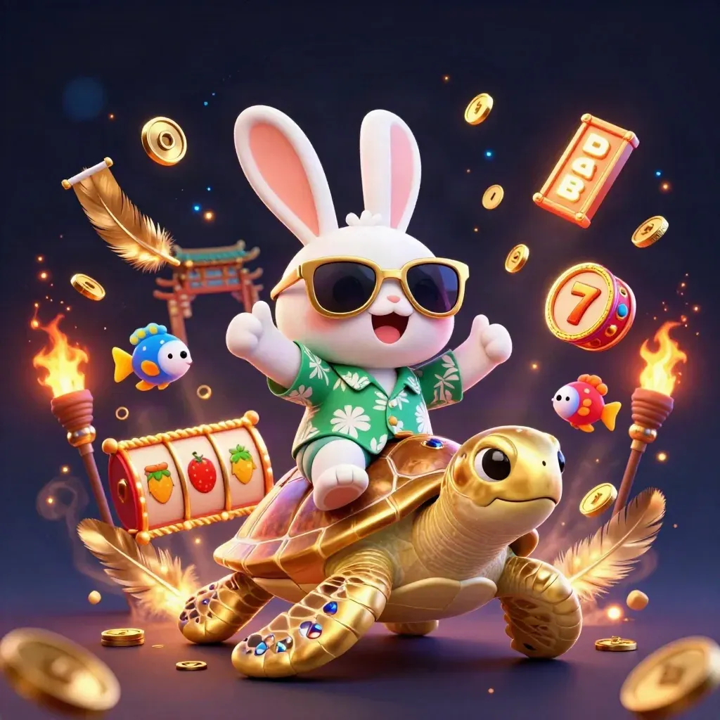 Lucky rabbit rides a gold sea turtle amid casino treasure, temple gates and ember glow.