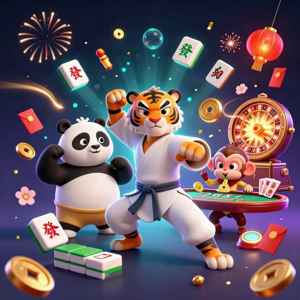 Tiger master, panda disciple, and monkey student amid casino coins, lanterns, and fireworks