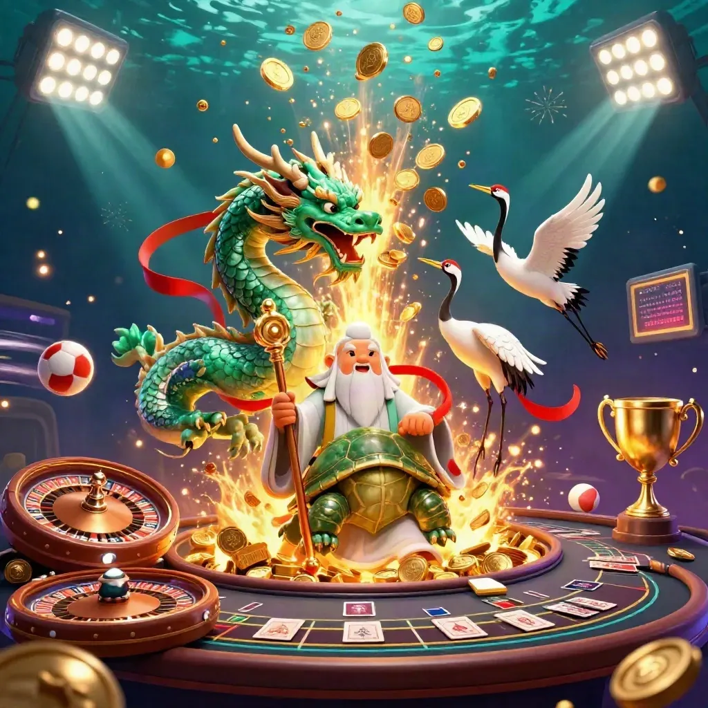 Emerald dragon, turtle sage, and cranes amid coins, fire, sports balls, and casino glow