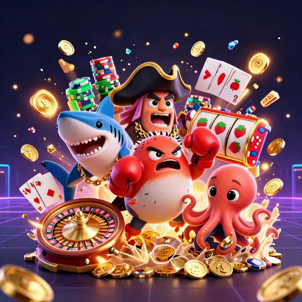 Pirate shark, boxing pufferfish, and juggling octopus amid casino treasure and neon gold glow