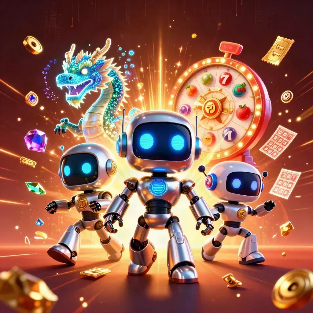 Chrome robot, holographic dragon and coin drone explode in neon-gold casino loot and energy.