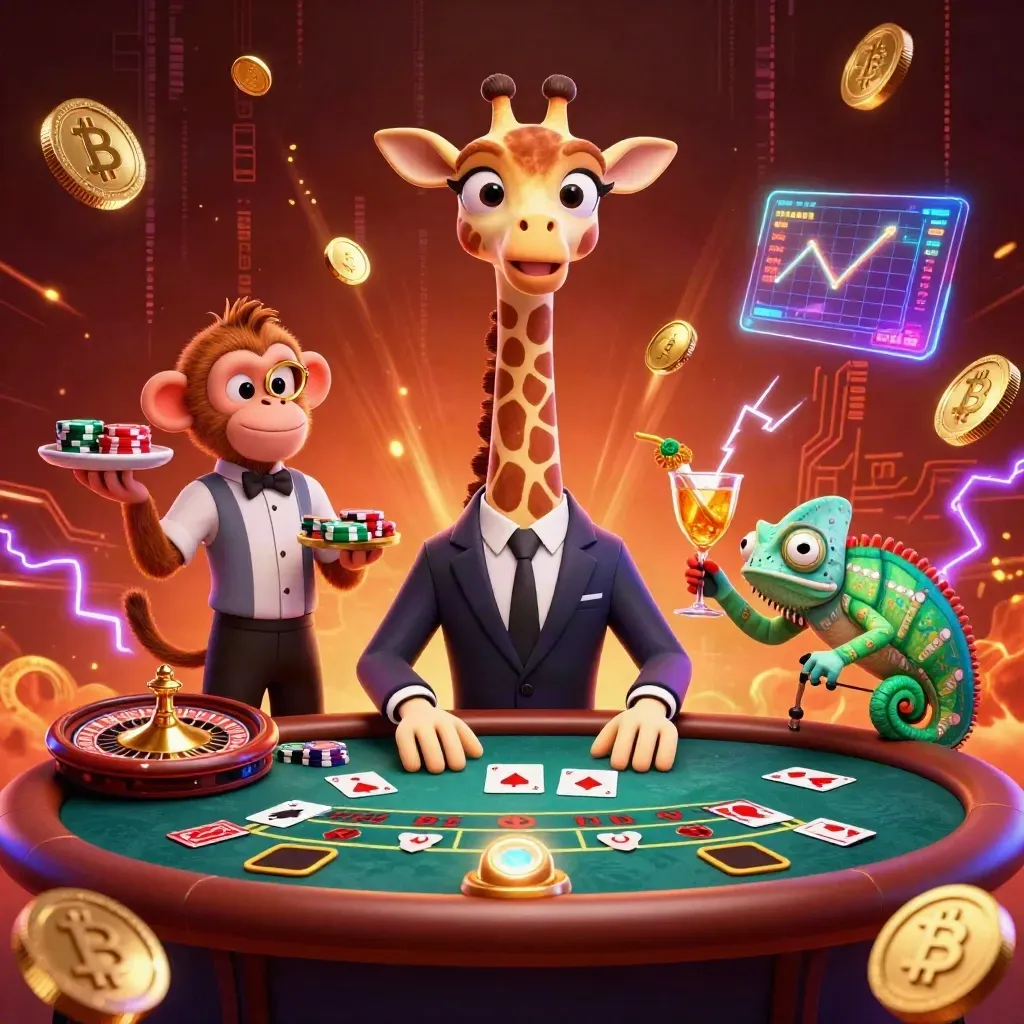 Giraffe gambler, monkey valet, and chameleon bartender amid coins, roulette, and neon casino sparks.