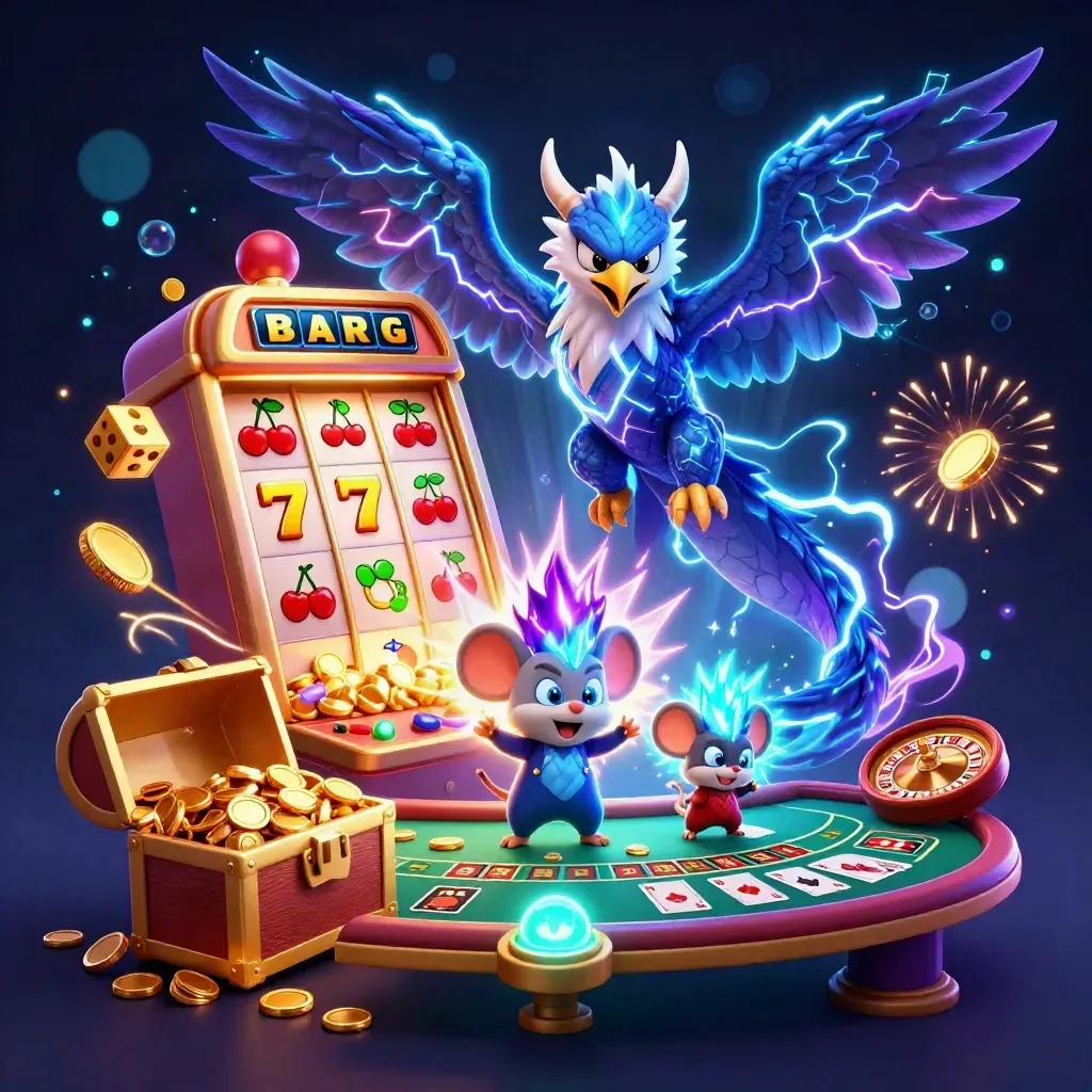 Thunder dragon, wind hawk, and static mouse amid casino treasure, slot bursts, and glowing gold.