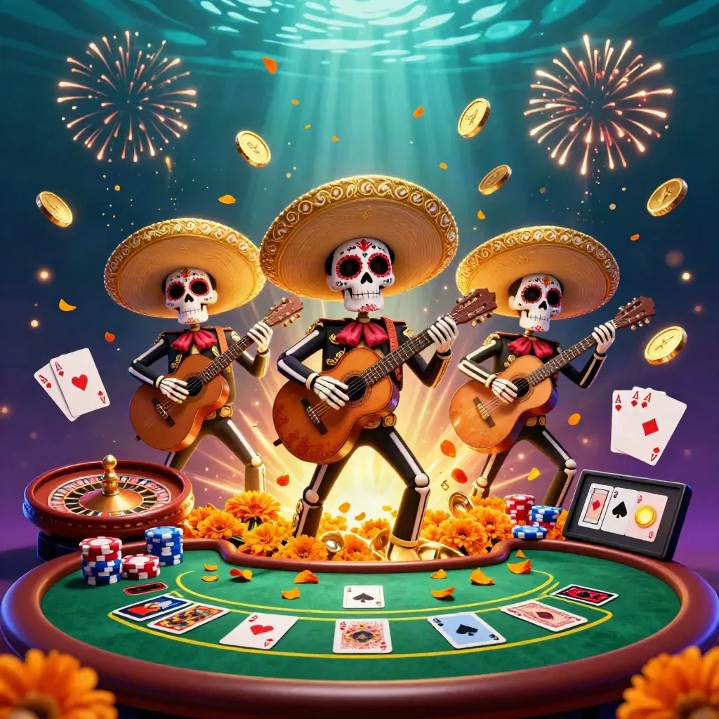 Skeleton mariachi trio amid bursting gold coins, poker chips, roulette wheel and casino lights.