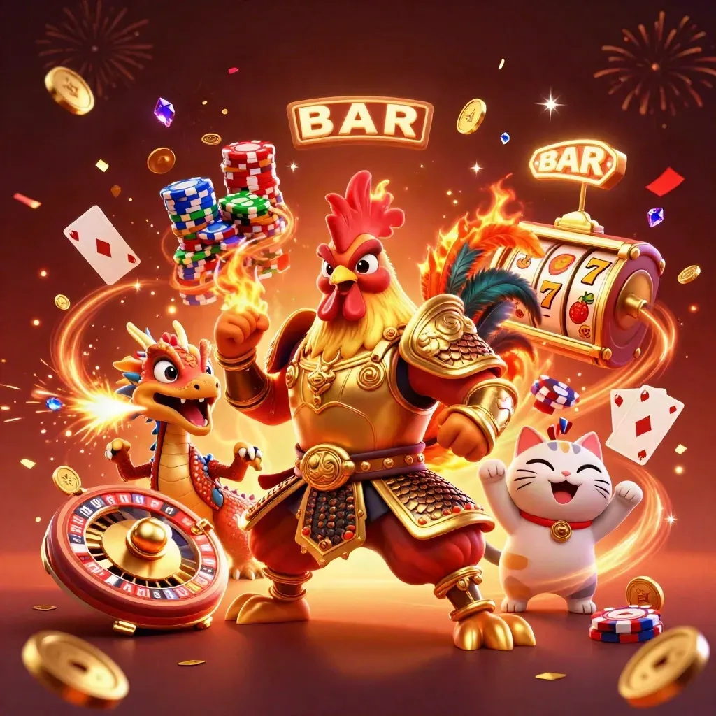 Rooster samurai, dragon hatchling, and cheering fortune-cat amid casino coins and glowing reels
