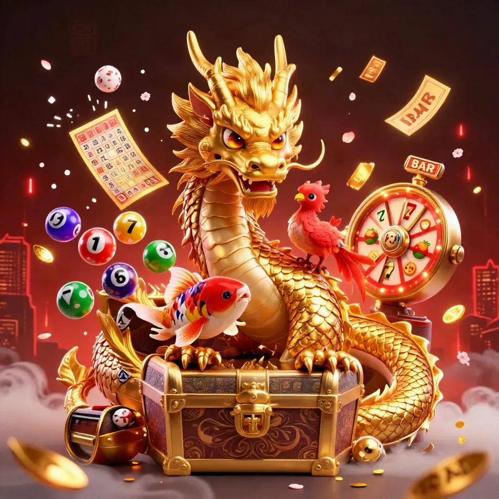 Golden dragon with phoenix, koi, and casino tokens in a luxe neon casino splash screen.