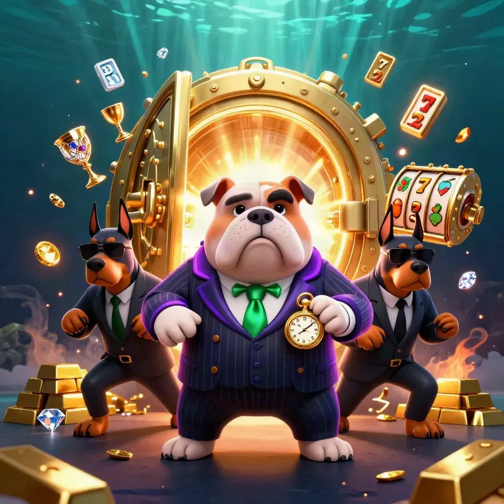 Boss bulldog and two Dobermans amid a vault burst, gold bars, reels, and neon casino glow.