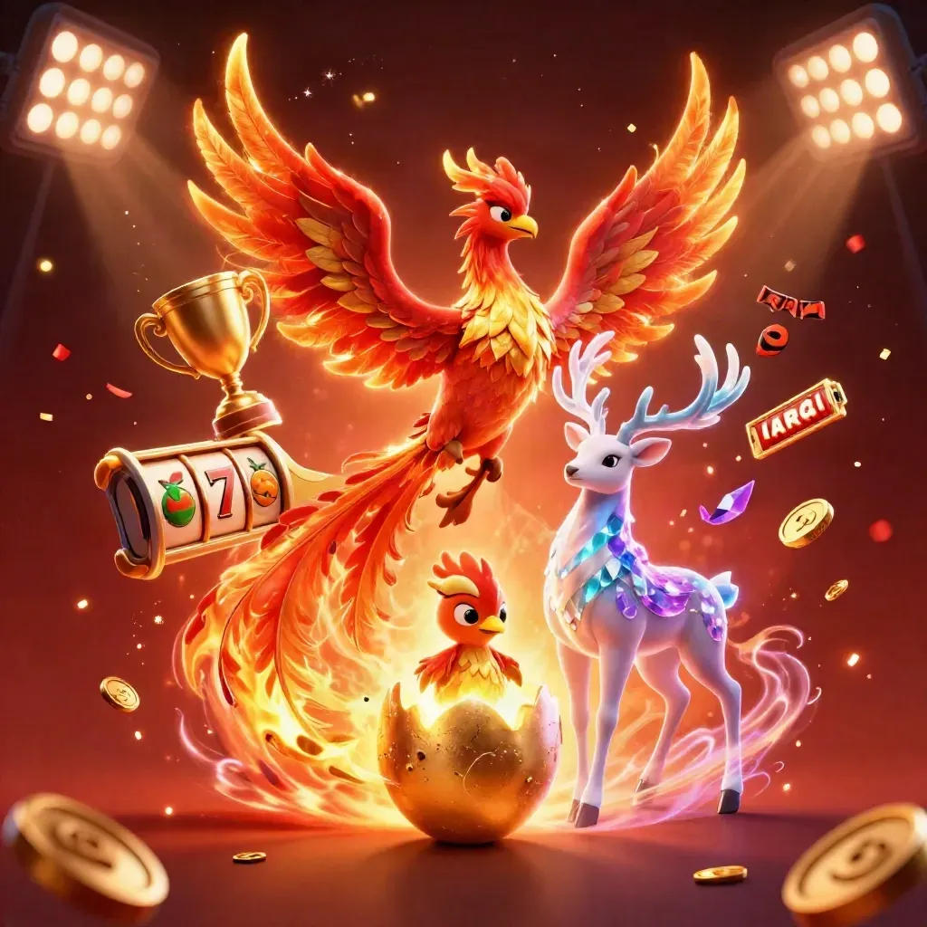 Crimson phoenix, baby phoenix and crystal stag erupt with coins, balls and gold sparks in a dark casino blaze.