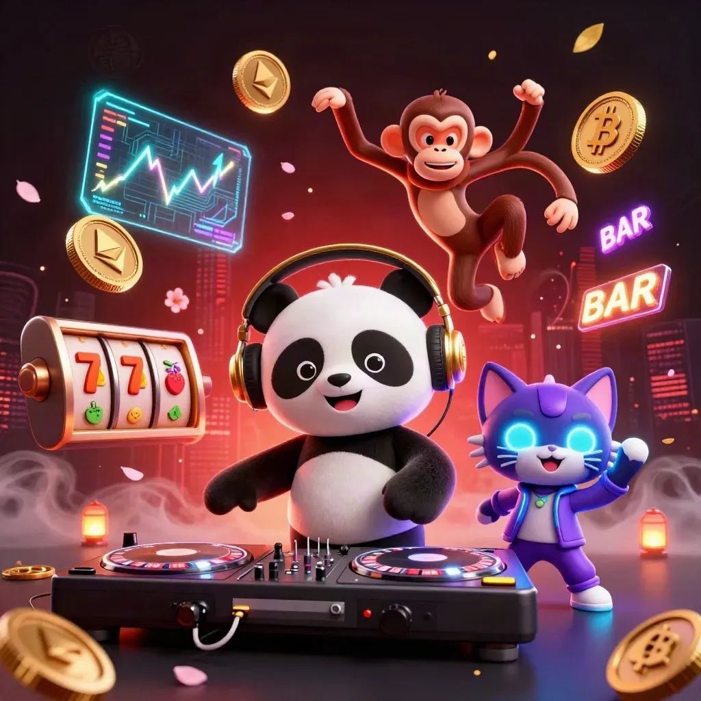 DJ panda, breakdancing monkey, and glow-stick kitten amid casino coins, lightning, and neon effects.