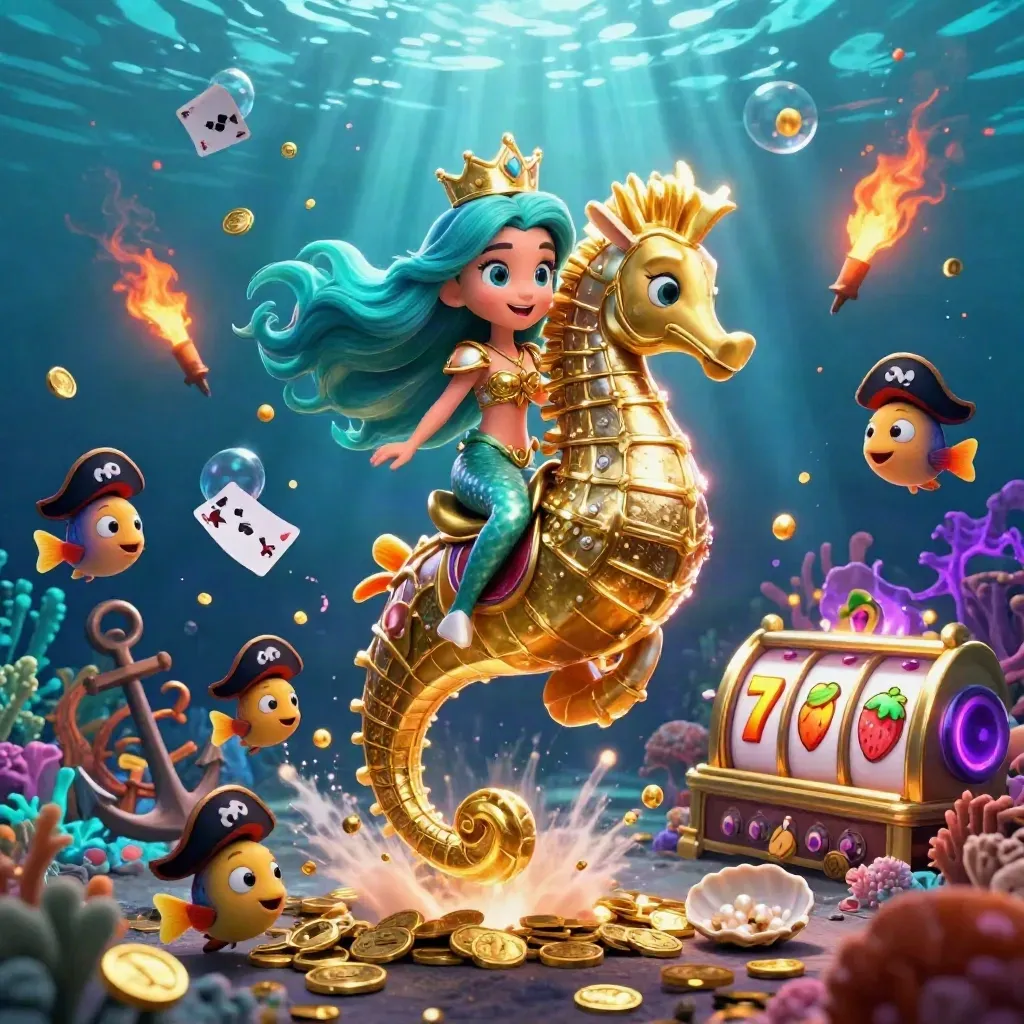 Mermaid princess on armored seahorse in a glowing treasure cove with fish, reels, coins and casino symbols.